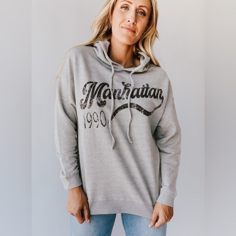 VINTAGE CANVAS | Manhattan 1990 Graphic Hoodie Sweatshirt Gray | Size Medium